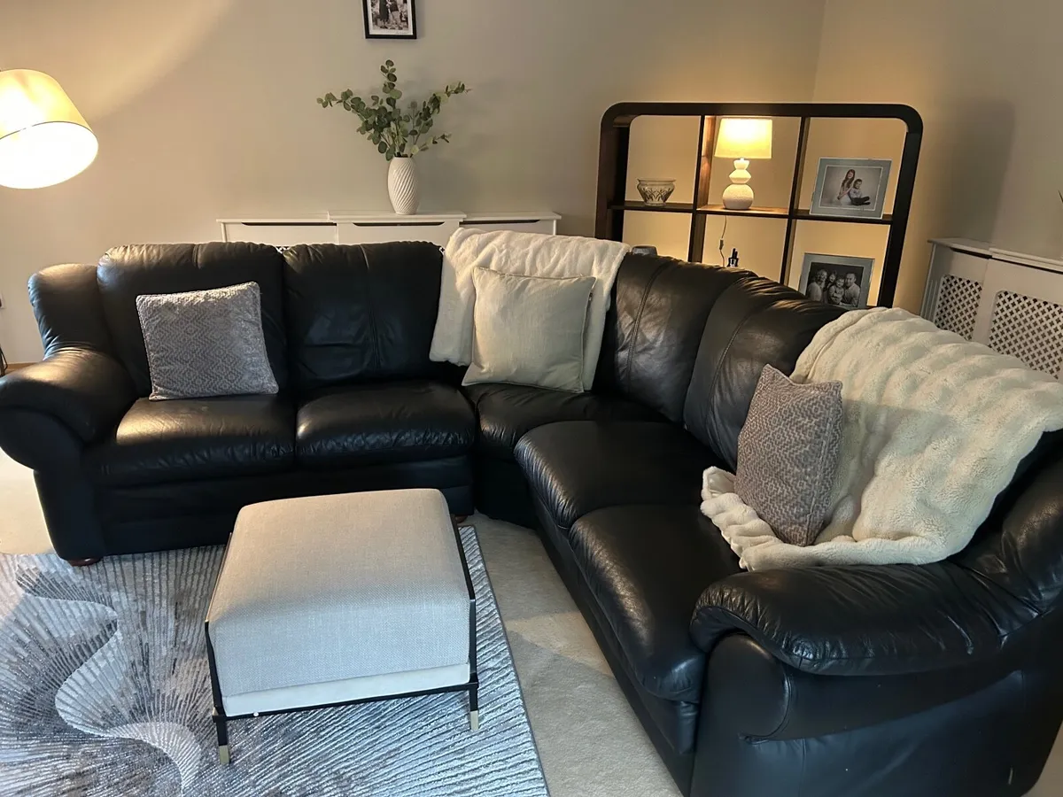 Black leather L shaped Couch with recliner chair - Image 2