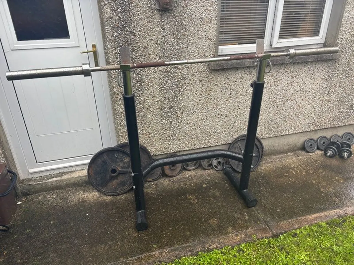 Squat/Bench Barbell Rack, Olympic Barbell & Weights - Image 1