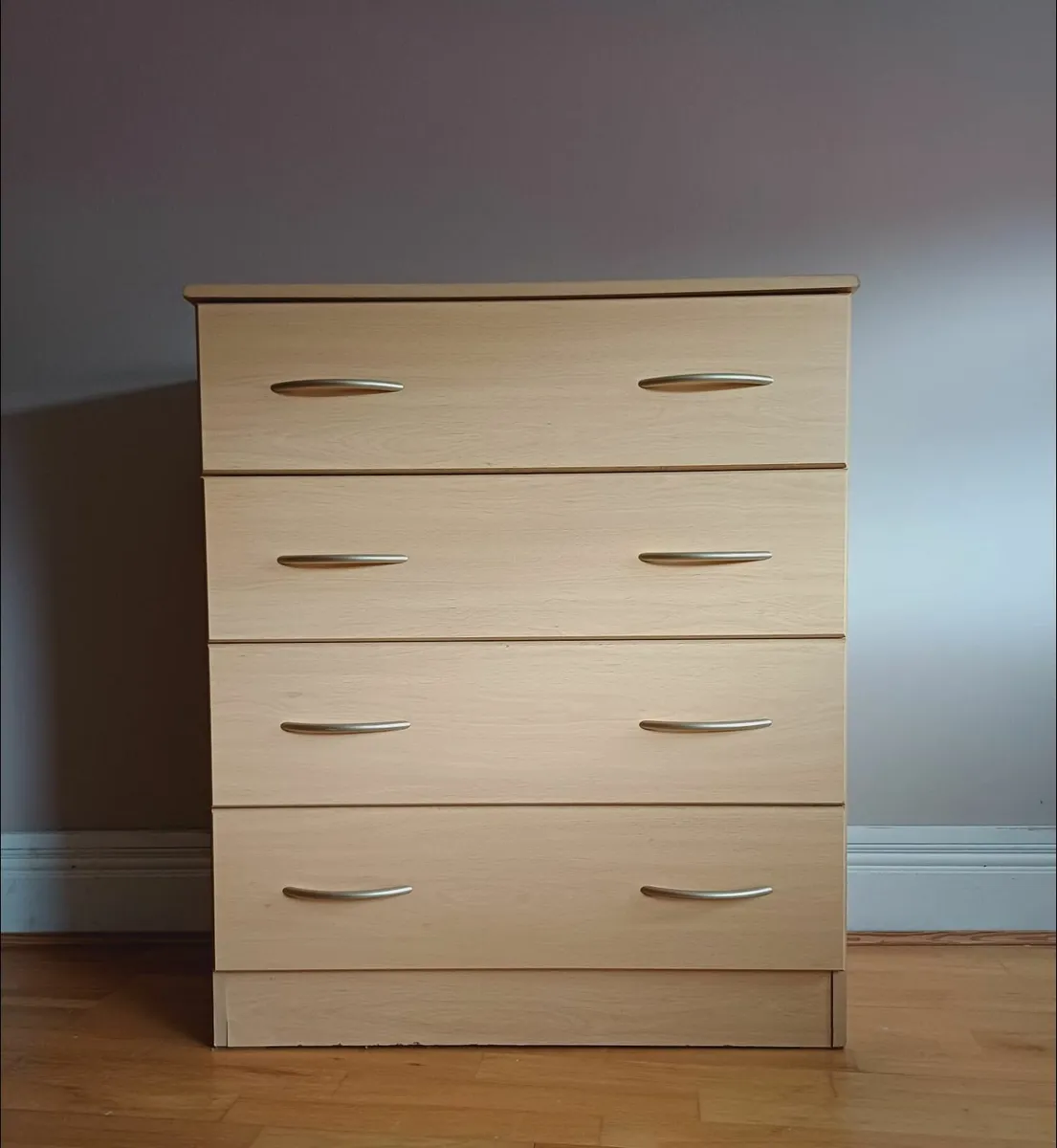 Modern 4-Drawer Chest – Sleek Wood Finish + Silver - Image 1