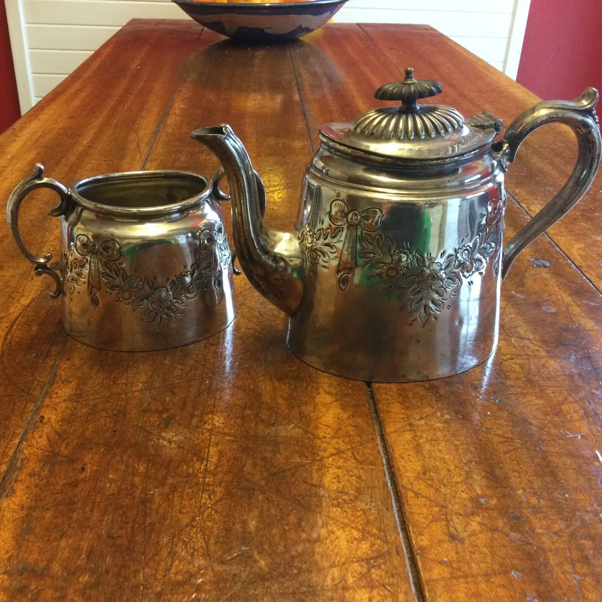 Antique Silver Plate Teapot and Sugar Bowl - Image 1