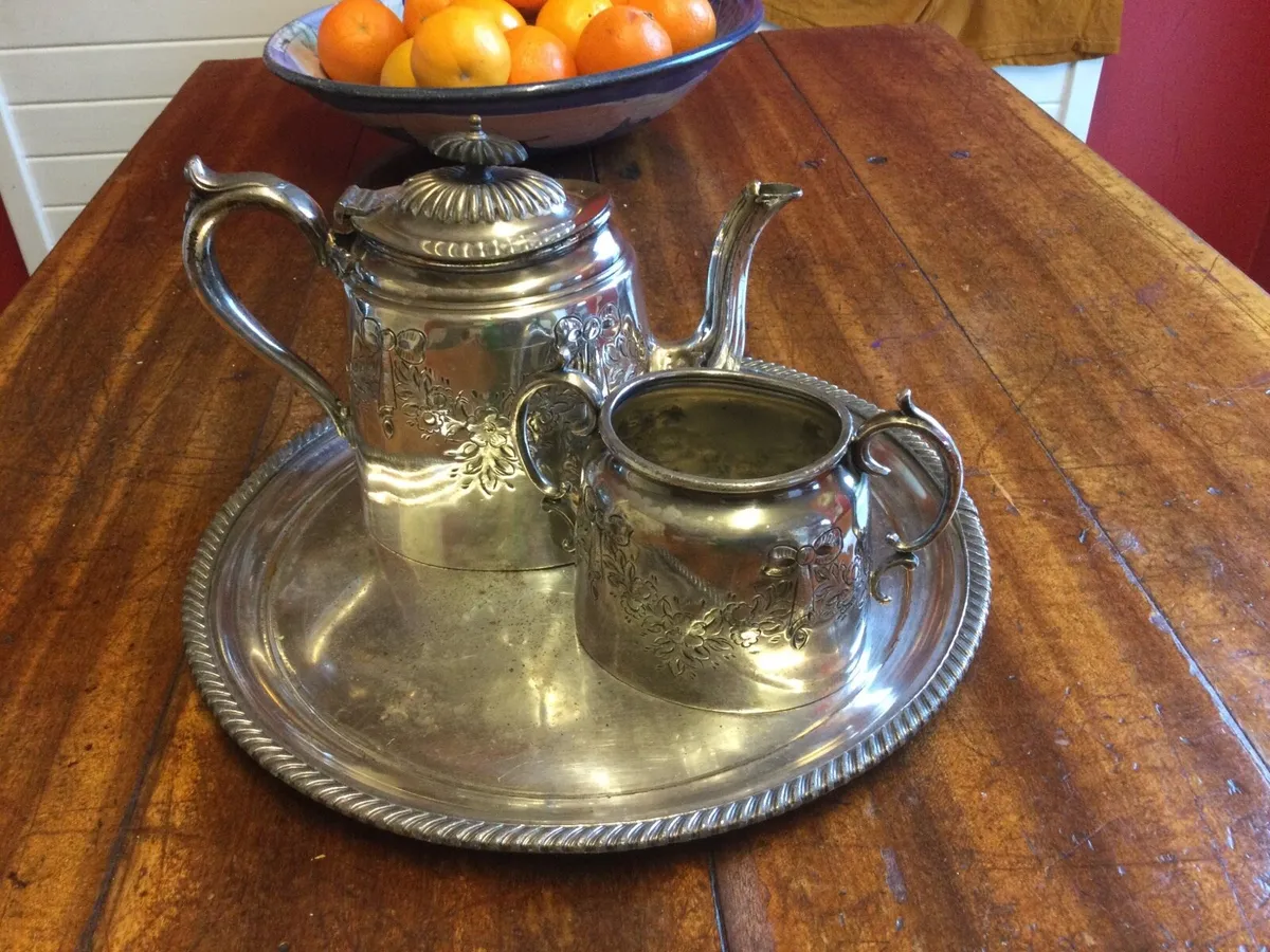 Antique Silver Plate Teapot and Sugar Bowl - Image 2