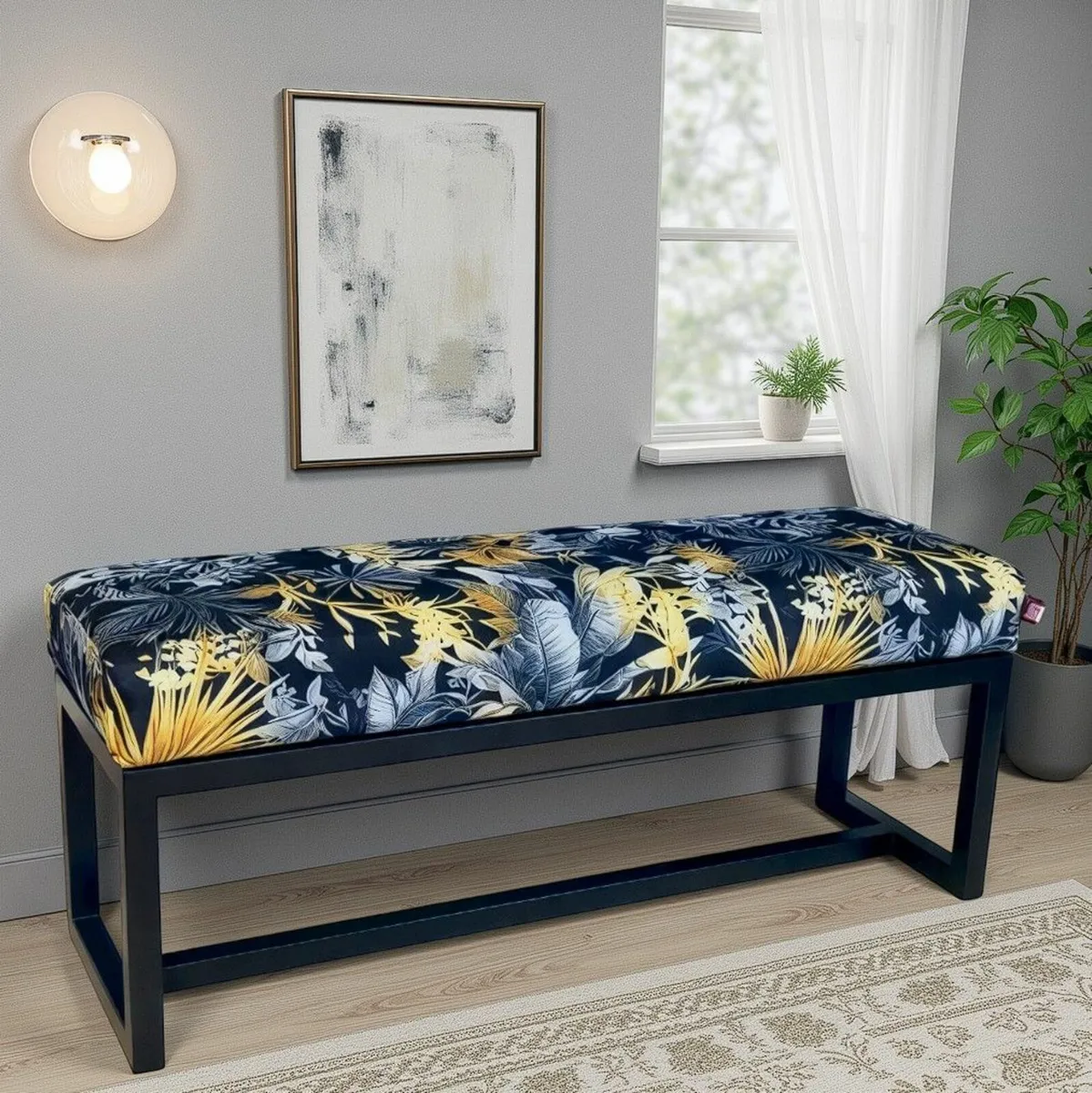 Bench Navy Velvet with Tropical Pattern, Black Met - Image 2