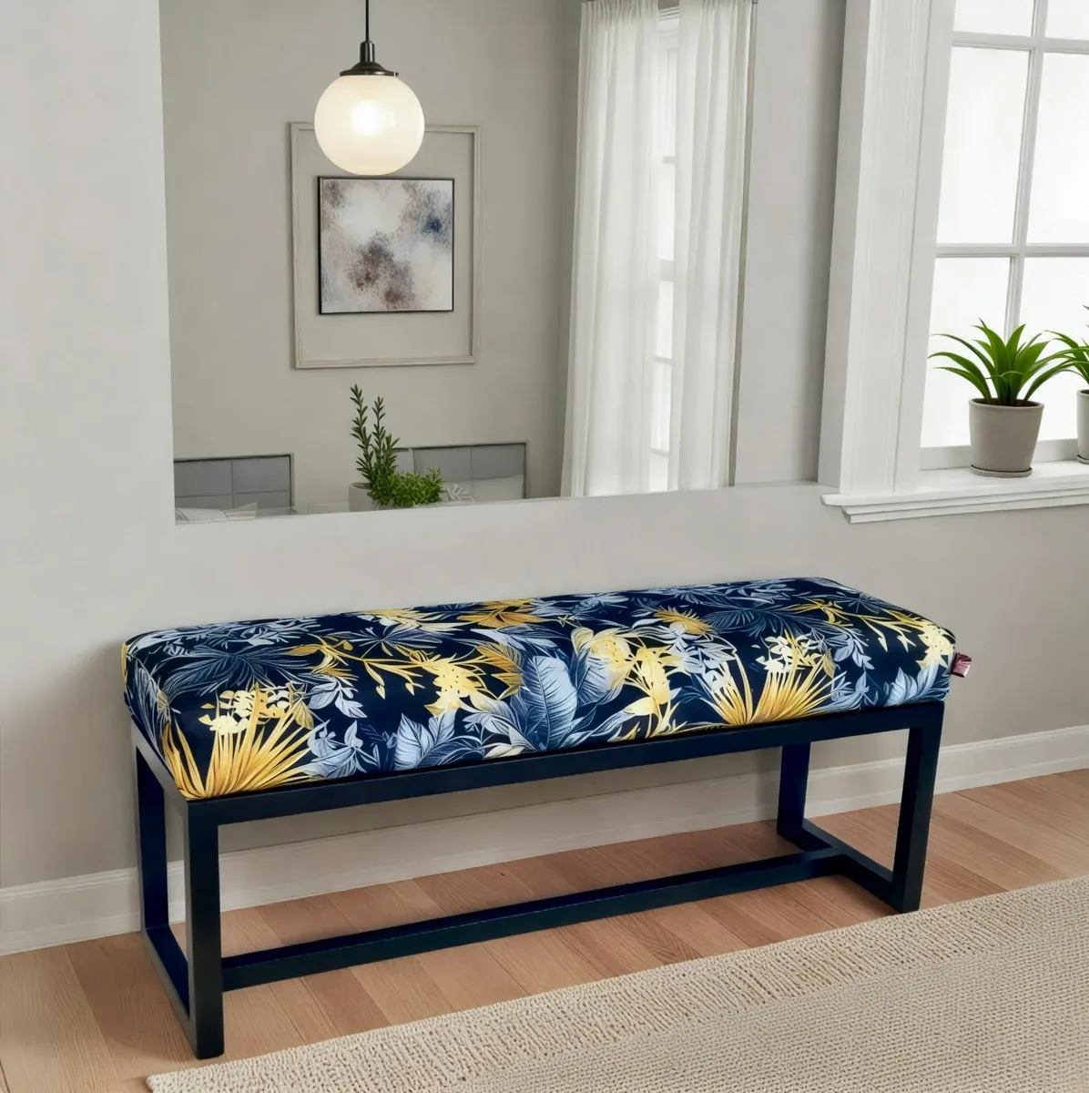 Bench Navy Velvet with Tropical Pattern, Black Met - Image 1