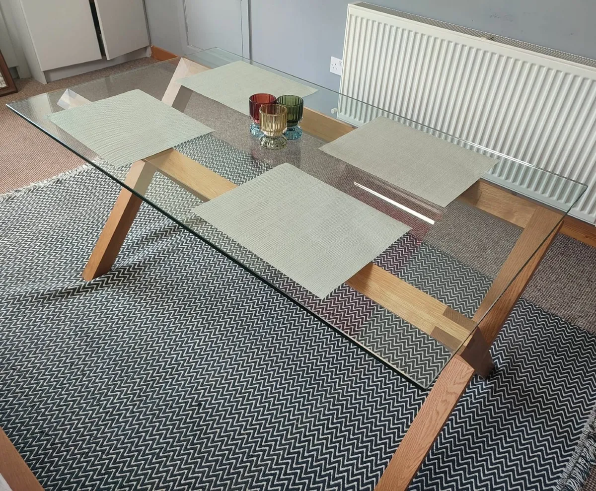 Heavy oak base glass top dining table - Image 1
