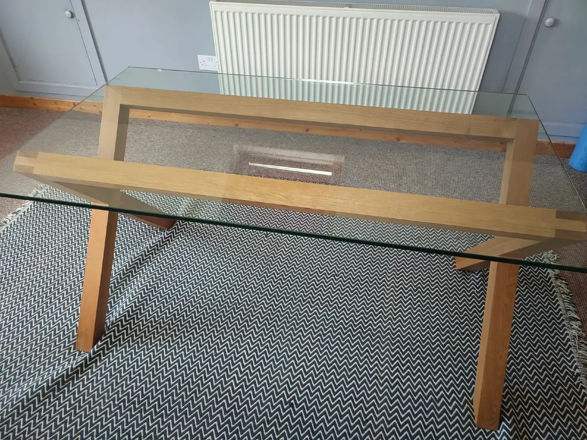 Heavy oak base glass top dining table - Image 2