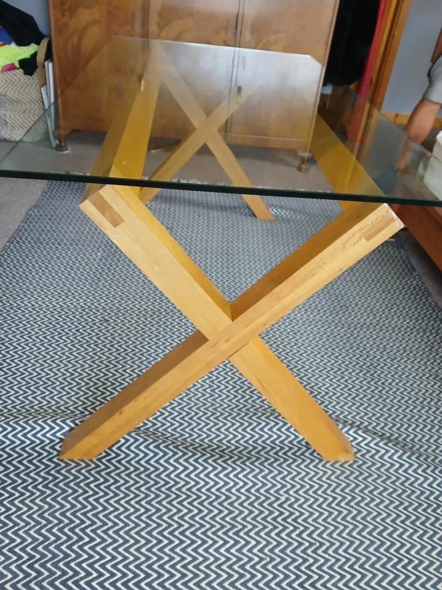 Heavy oak base glass top dining table - Image 4