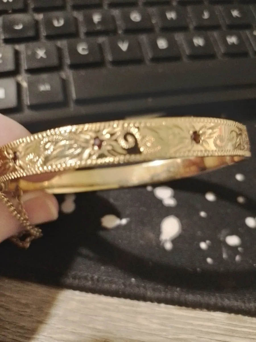 Gold Plated Vintage Bangle with Red Stones - Image 1
