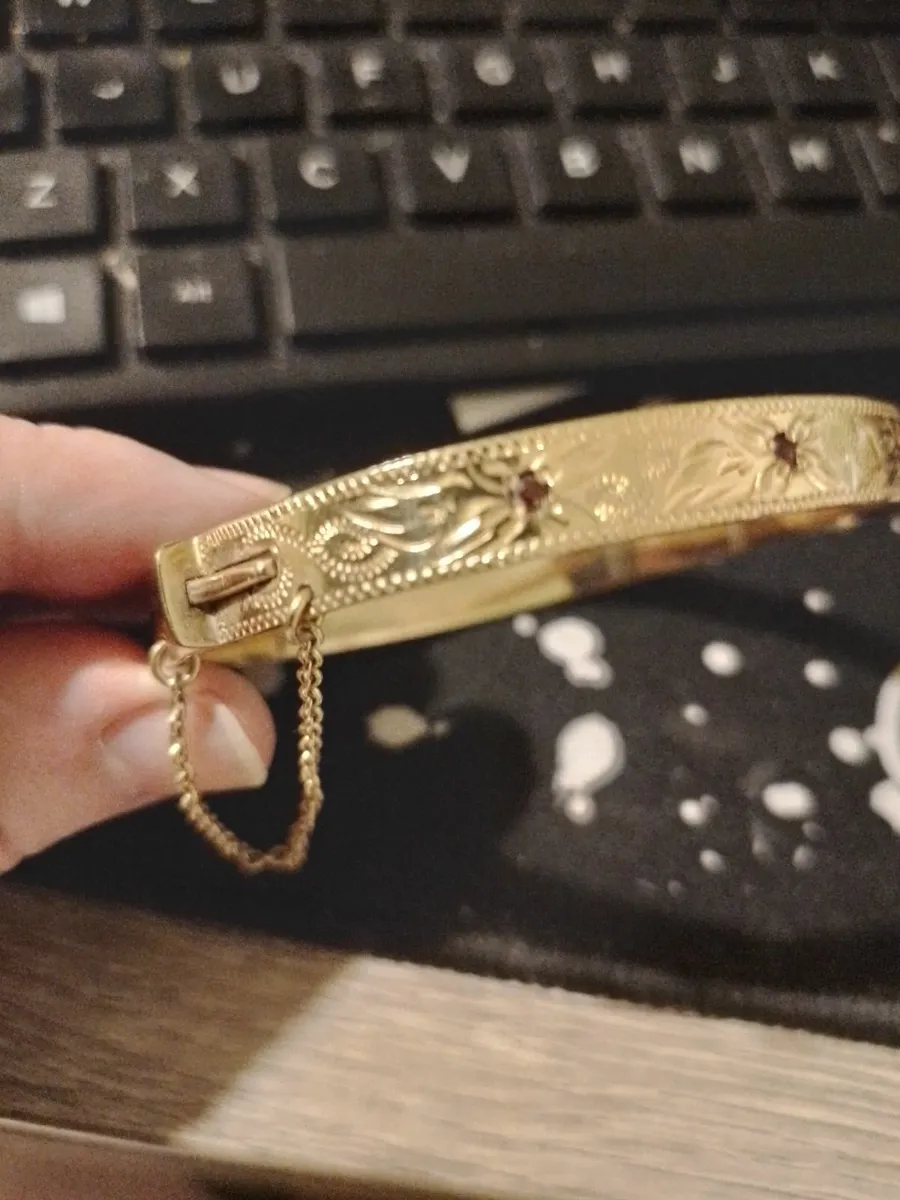 Gold Plated Vintage Bangle with Red Stones - Image 2