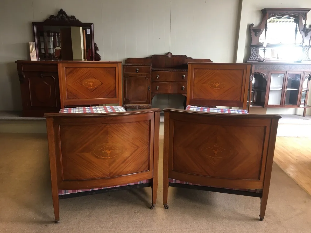 Pair Inlaid Antique Beds - Image 2