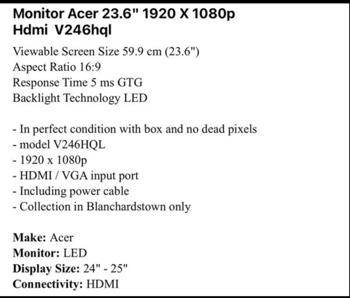 Acer Monitor 23.6"  1920 x 1080p HDMI v246hql - Image 4