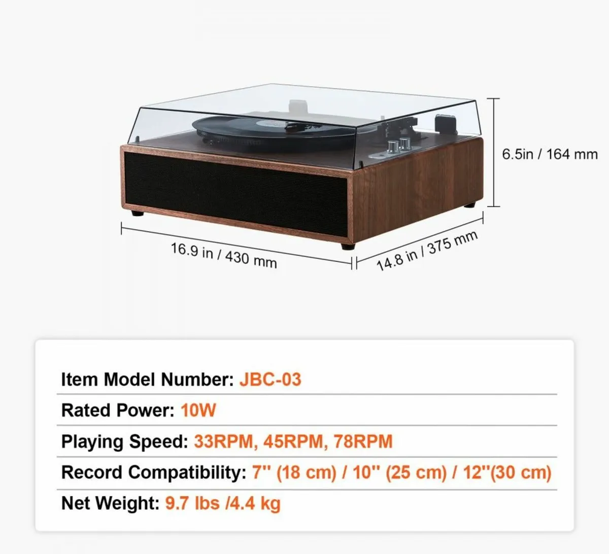 Bluetooth Vinyl Record Player 3-Speed Belt Driven - Image 4