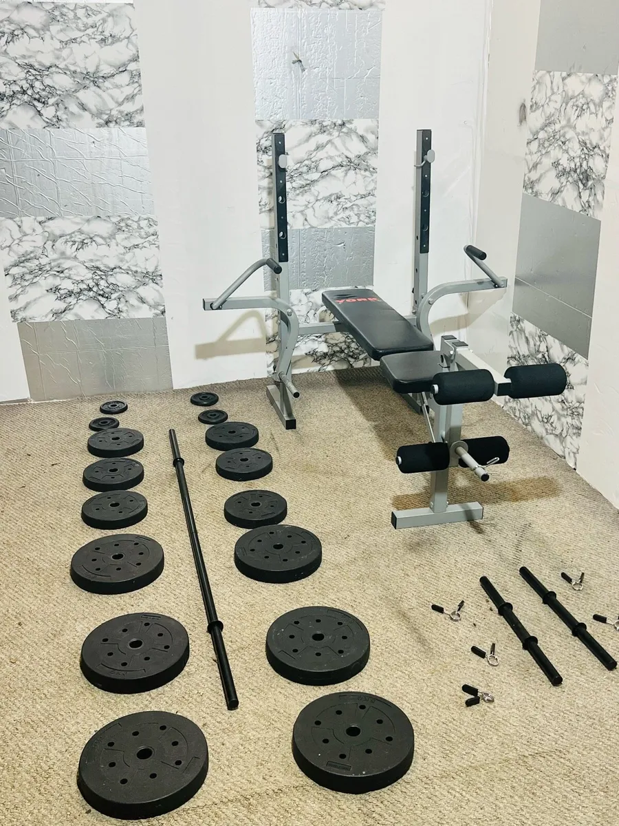 York fitness bench 50Kg weights barbell dumbbells - Image 1