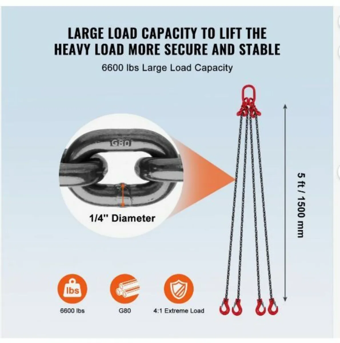 1/4" x 5' Chain Sling 4 Legs G80 Lifting Chain - Image 2