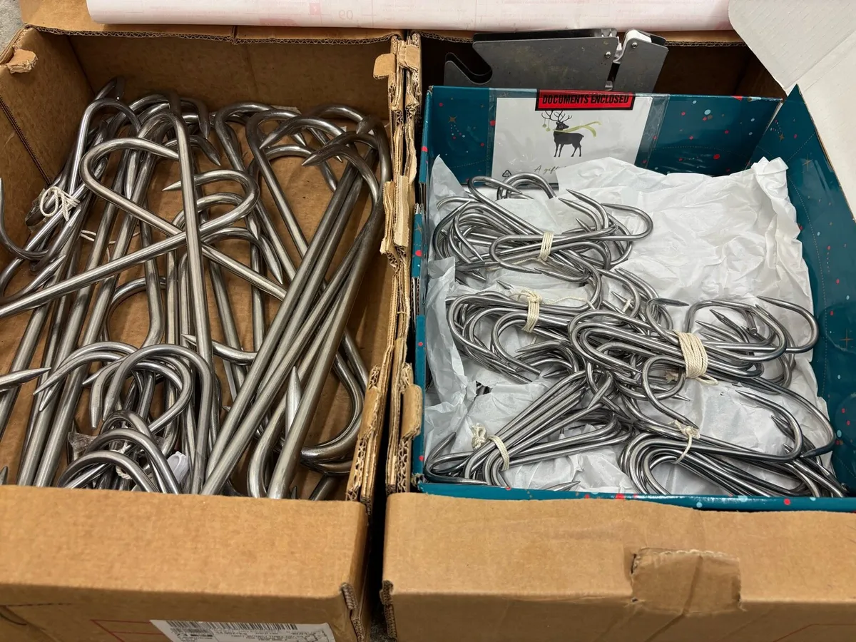 Stainless steel hooks, trays, hand saw, scales etc - Image 2