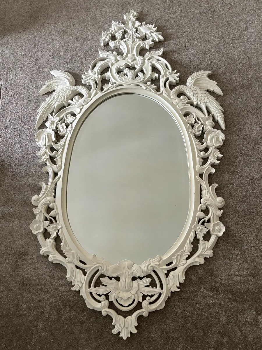 Hand Carved White Painted Wall Mirror - Image 2