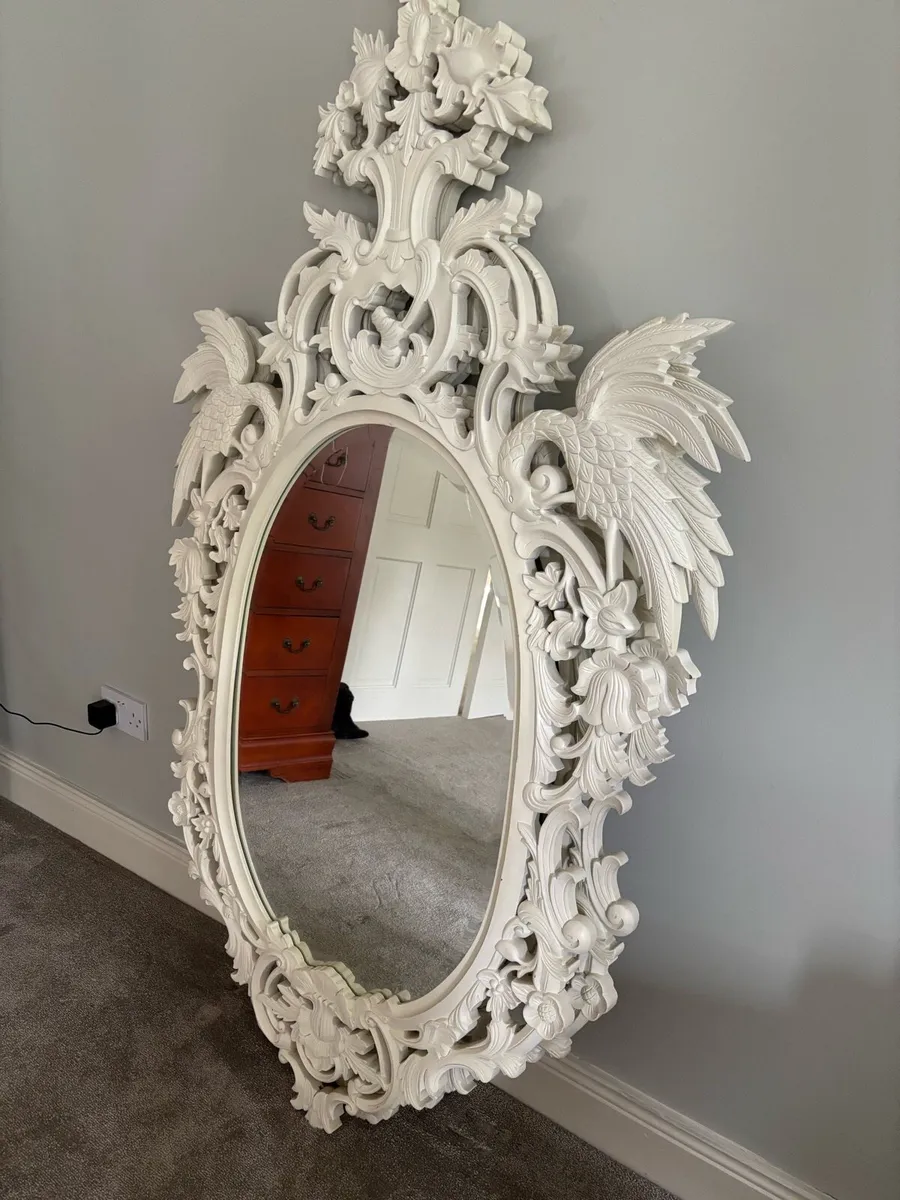 Hand Carved White Painted Wall Mirror - Image 3