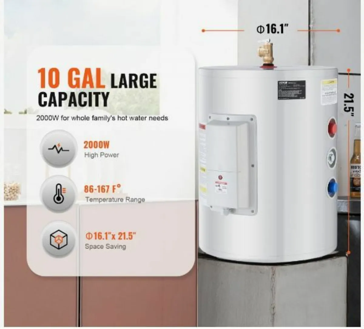 10 Gallon Electric Water Heater Instant Hot 1.6Kw - Image 2