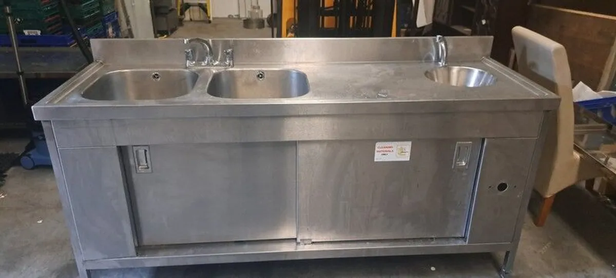 Commerical kitchen double sink with hand wash basin - Image 1