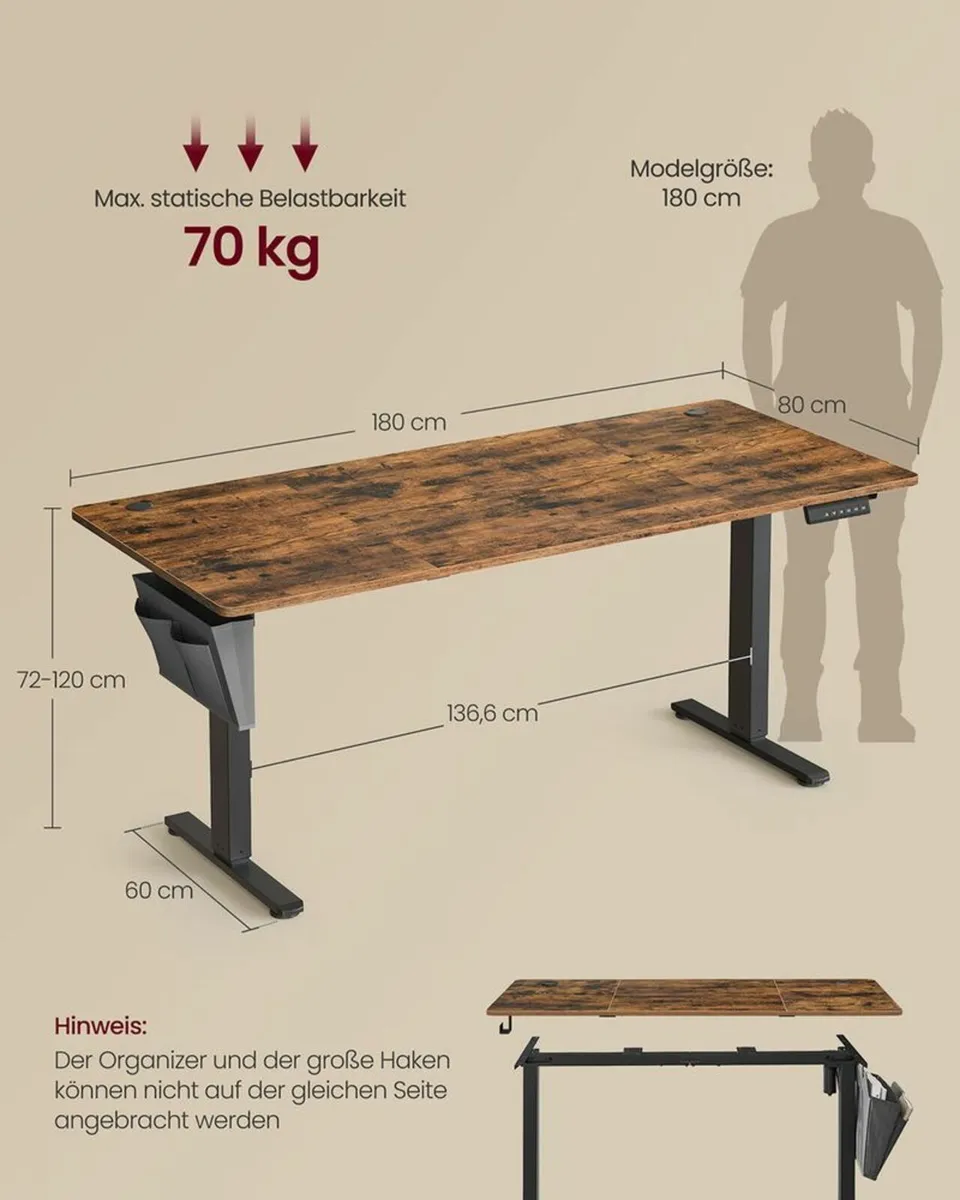 Electric Height Adjustable Desk 180 x 80 cm XL Vin - Image 4