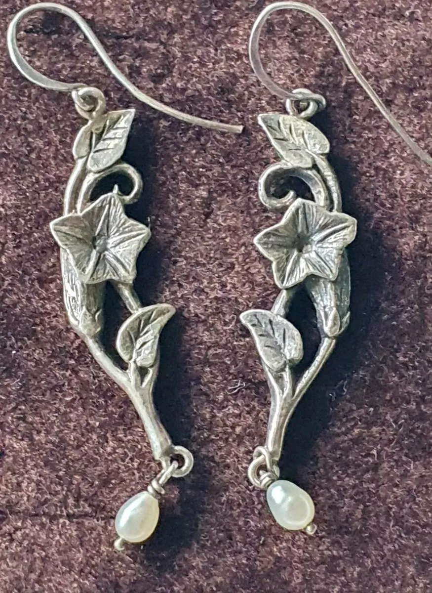 Silver & Seed Pearl Floral Drop Earrings - Image 1