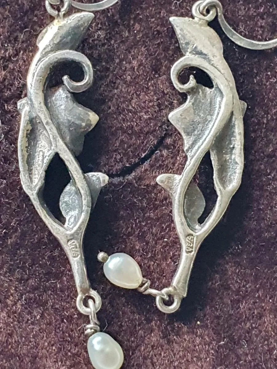 Silver & Seed Pearl Floral Drop Earrings - Image 3