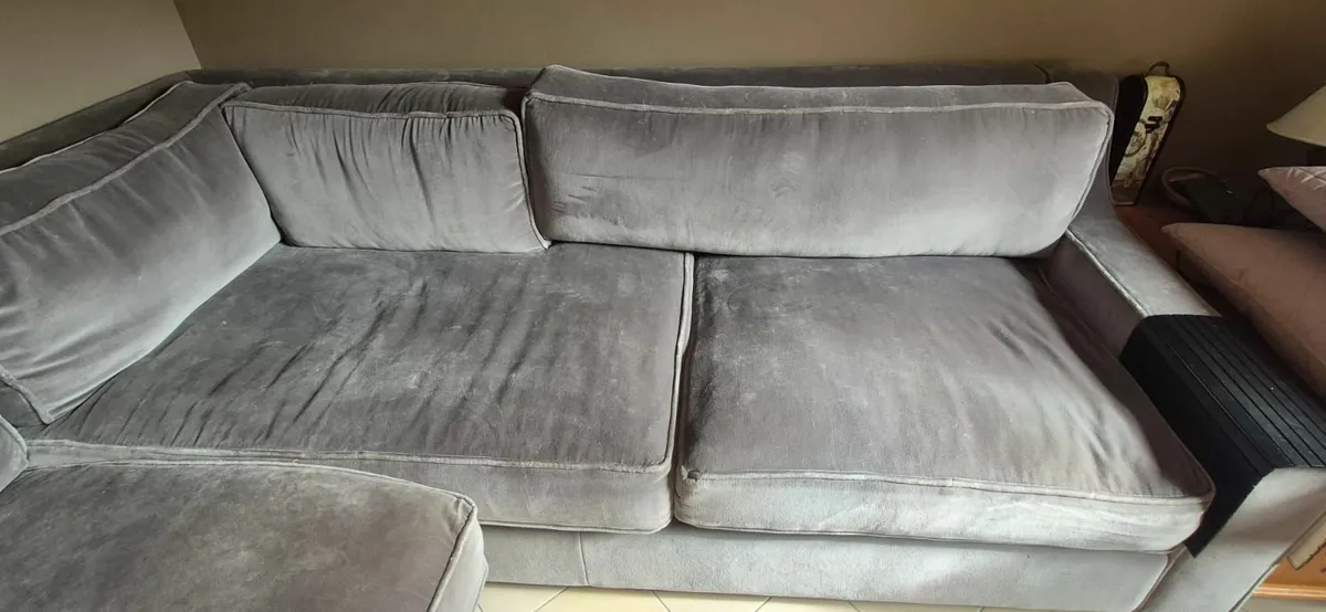 Charcoal velvet deep seated corner Sofa 1 year old - Image 1