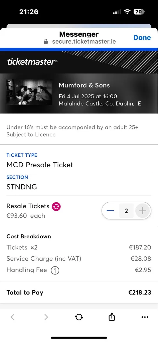 Mumford and sons Ticket x2 - Image 2