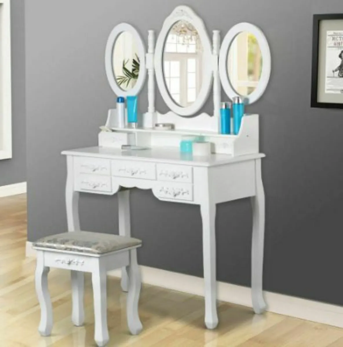Princes White Dressing Table 3 Oval Mirror 7 Draw - Image 1