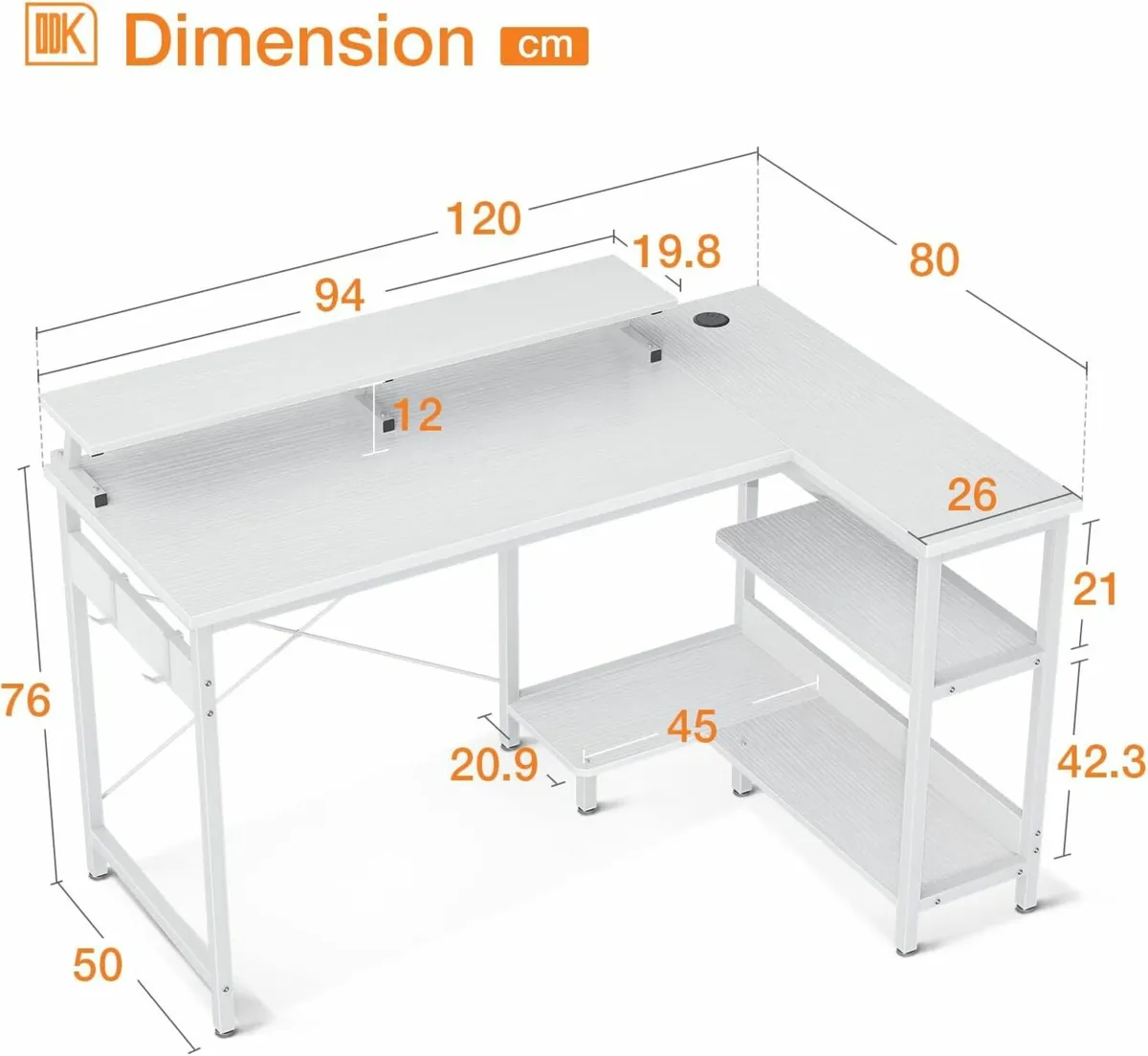 L Shaped Desk office 120x50cm Storage white - Image 2