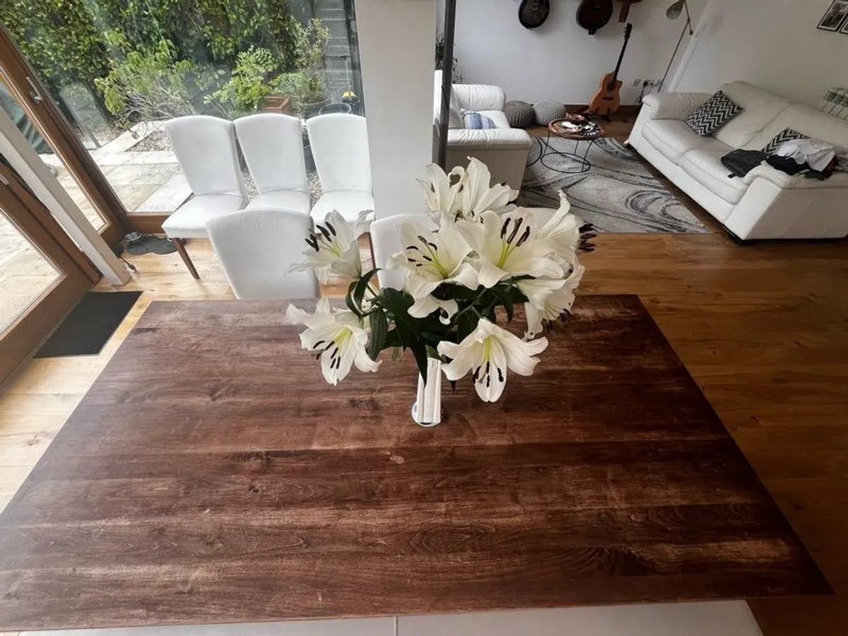 Dining Room table - solid walnut; white leatherette bench; 6 white leather chairs with walnut legs - Image 1