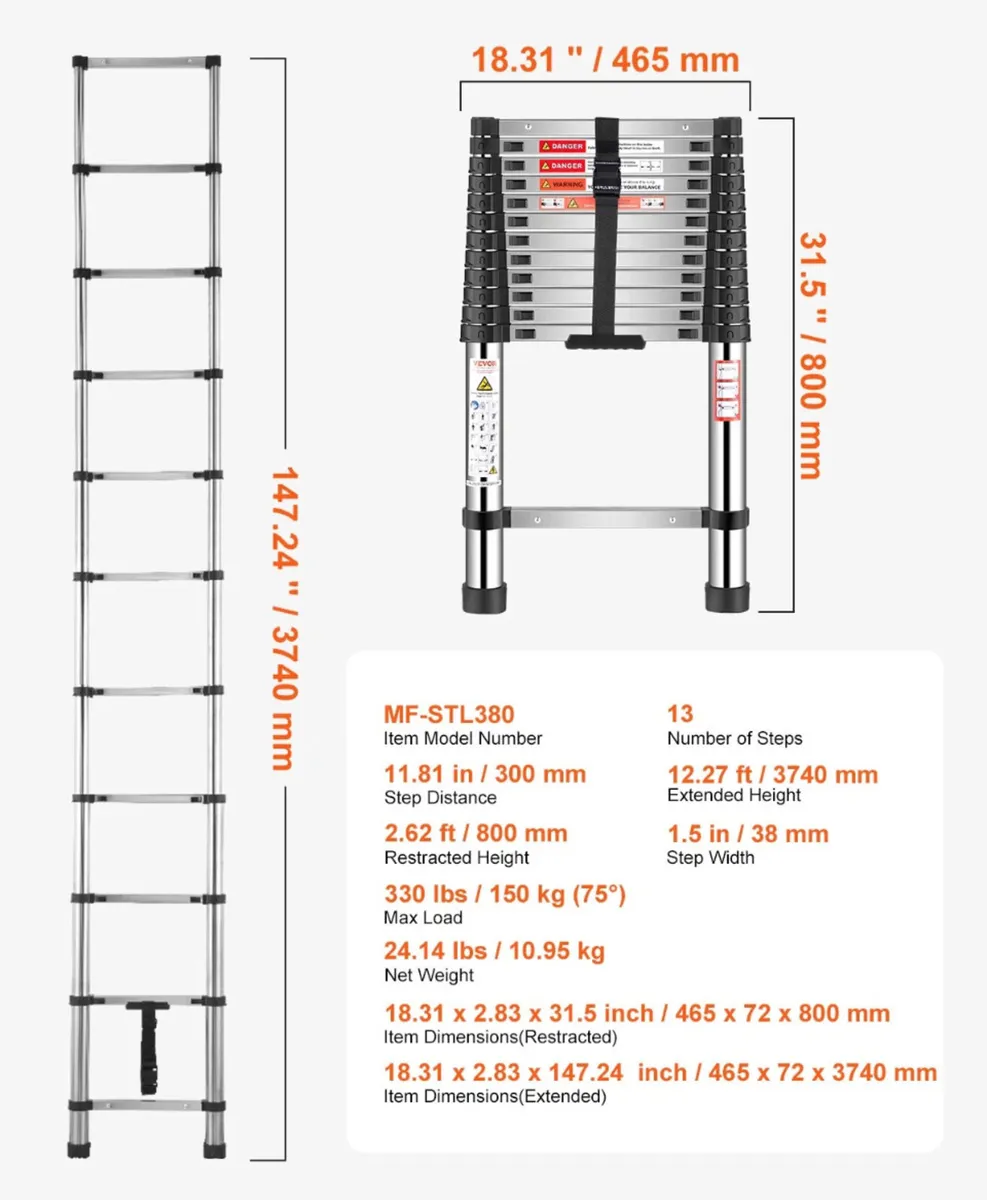NEW 3.75 Metre Telescopic Ladder 12.25ft Ladders - Image 2