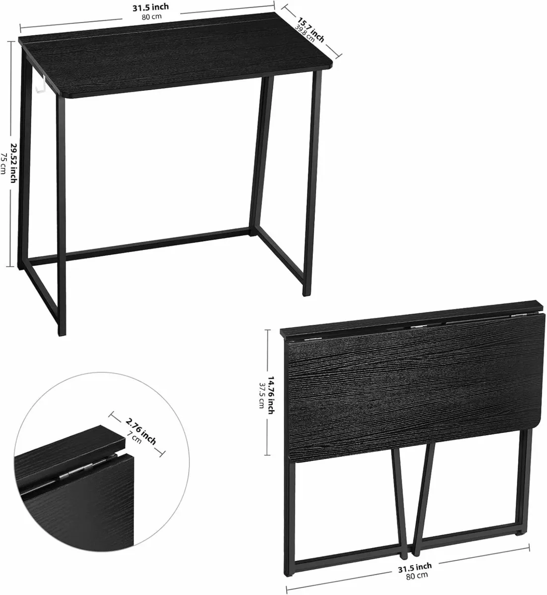 Folding Computer Desk Writing 80cm Office Black - Image 4