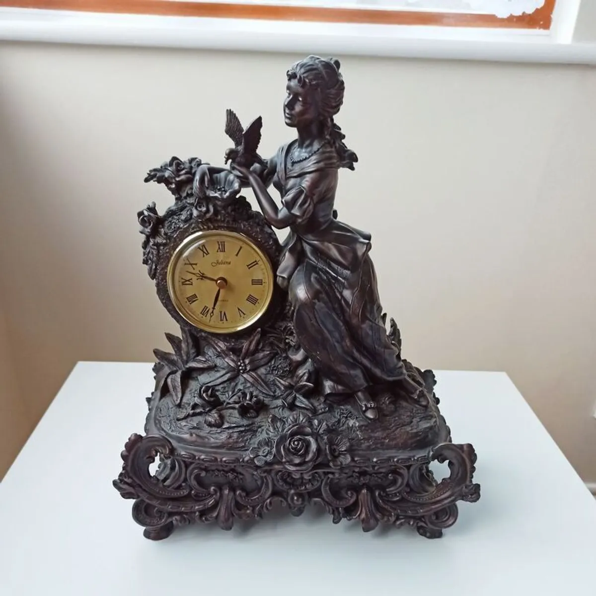 Large Crosa Juliana Bronze effect resin clock lady feeding birds - Image 1