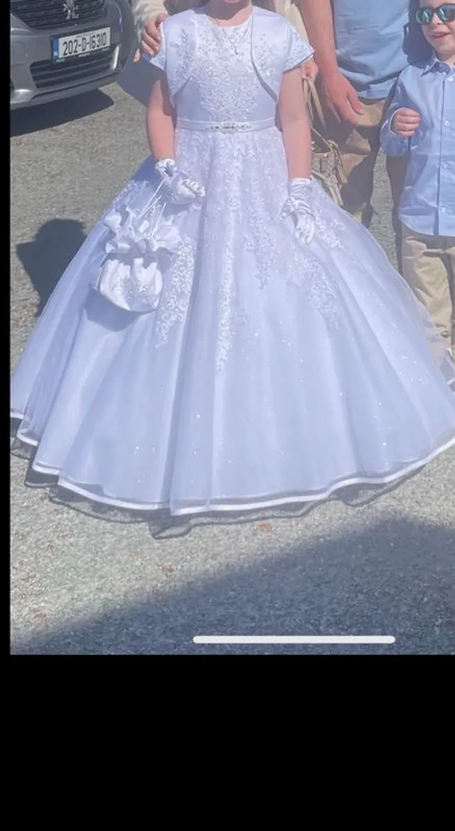 communion dress & balero, umbrella, gloves, bag,crown, hair piece, gloves - Image 1