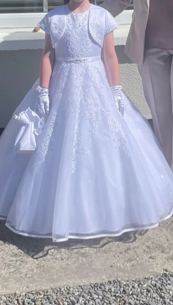 communion dress & balero, umbrella, gloves, bag,crown, hair piece, gloves - Image 2