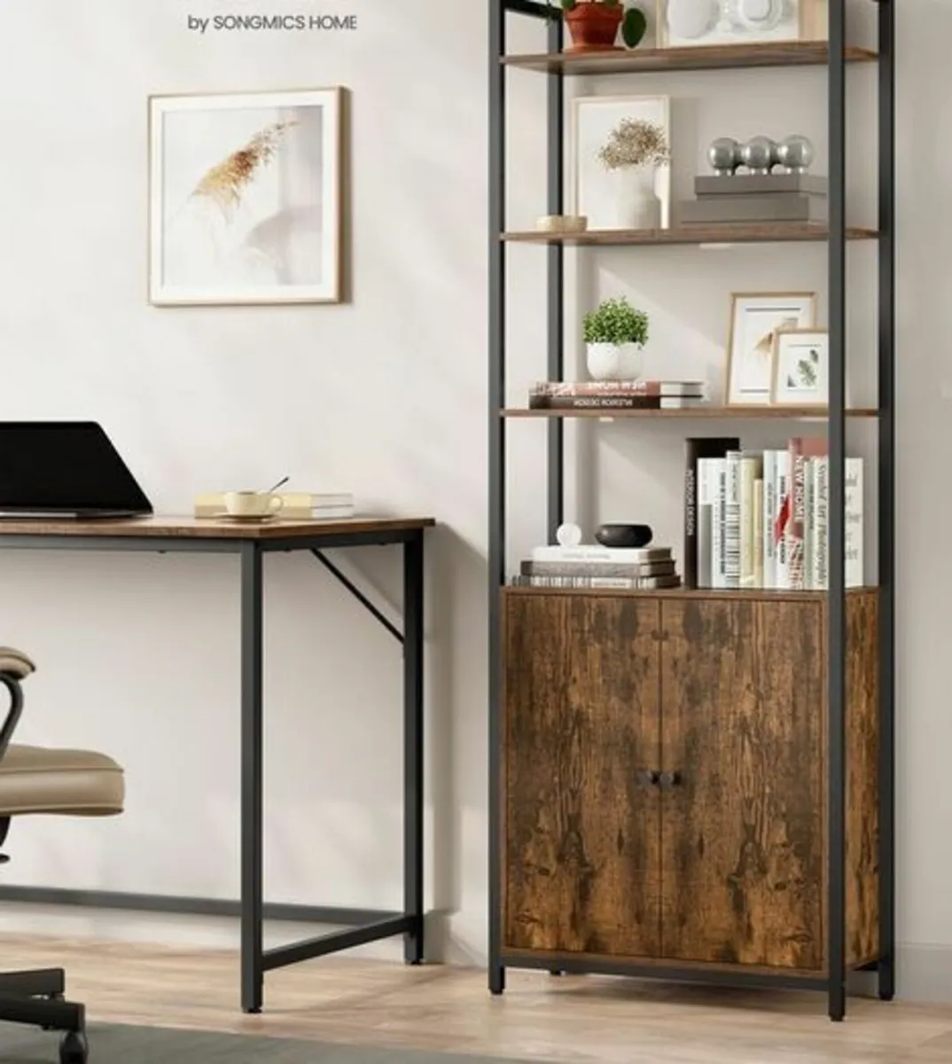 Bookcase Standing Shelf with Doors, Metal Frame, - Image 1