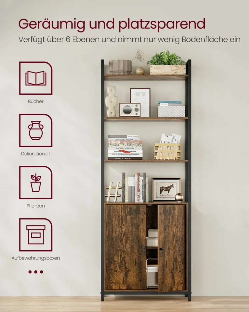 Bookcase Standing Shelf with Doors, Metal Frame, - Image 3