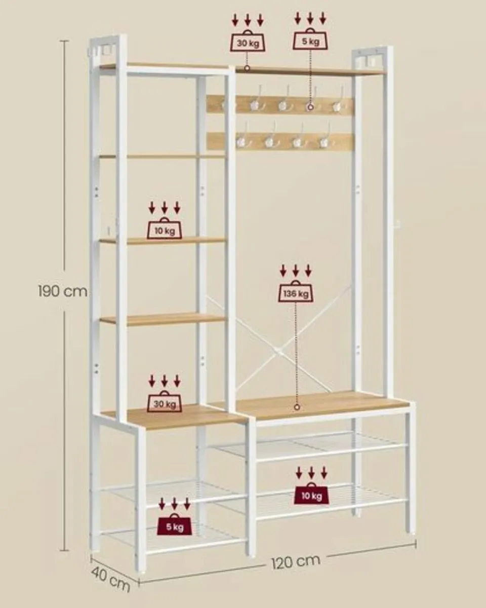 Coat rack with shoe bench golden oak-cloud-white - Image 2