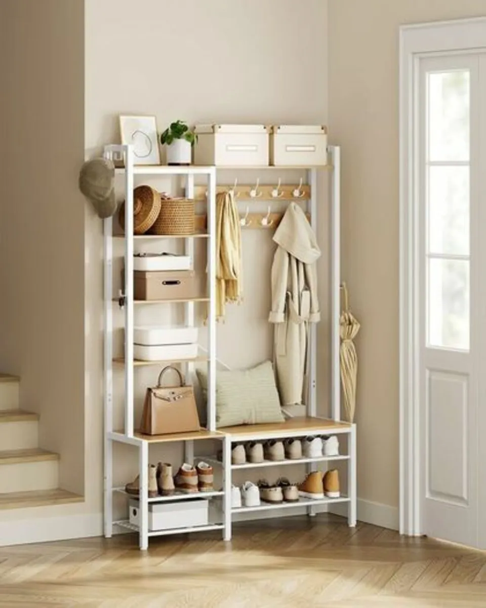 Coat rack with shoe bench golden oak-cloud-white - Image 1