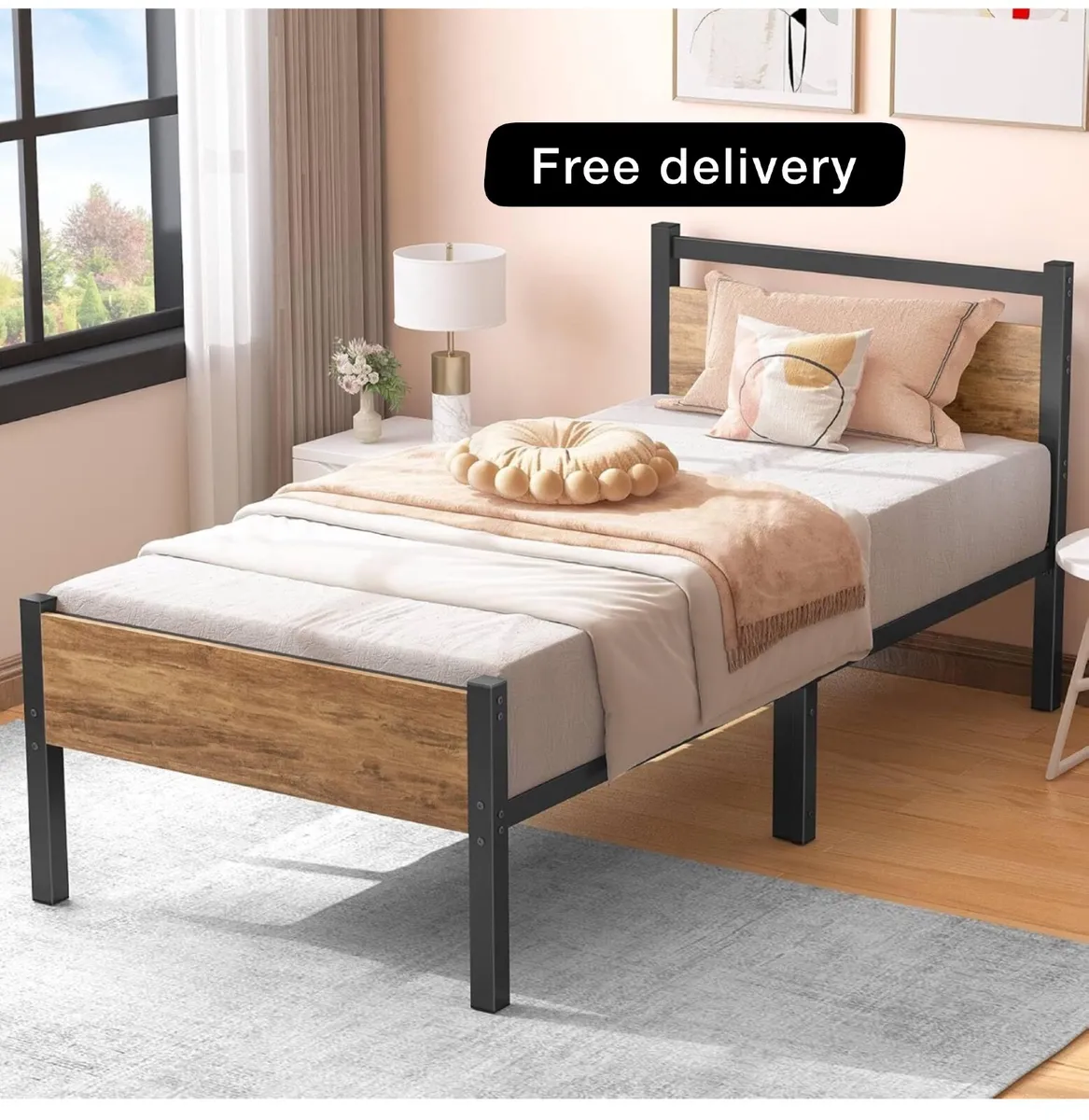 Single Bed Frames with Wood Headboard - Image 1