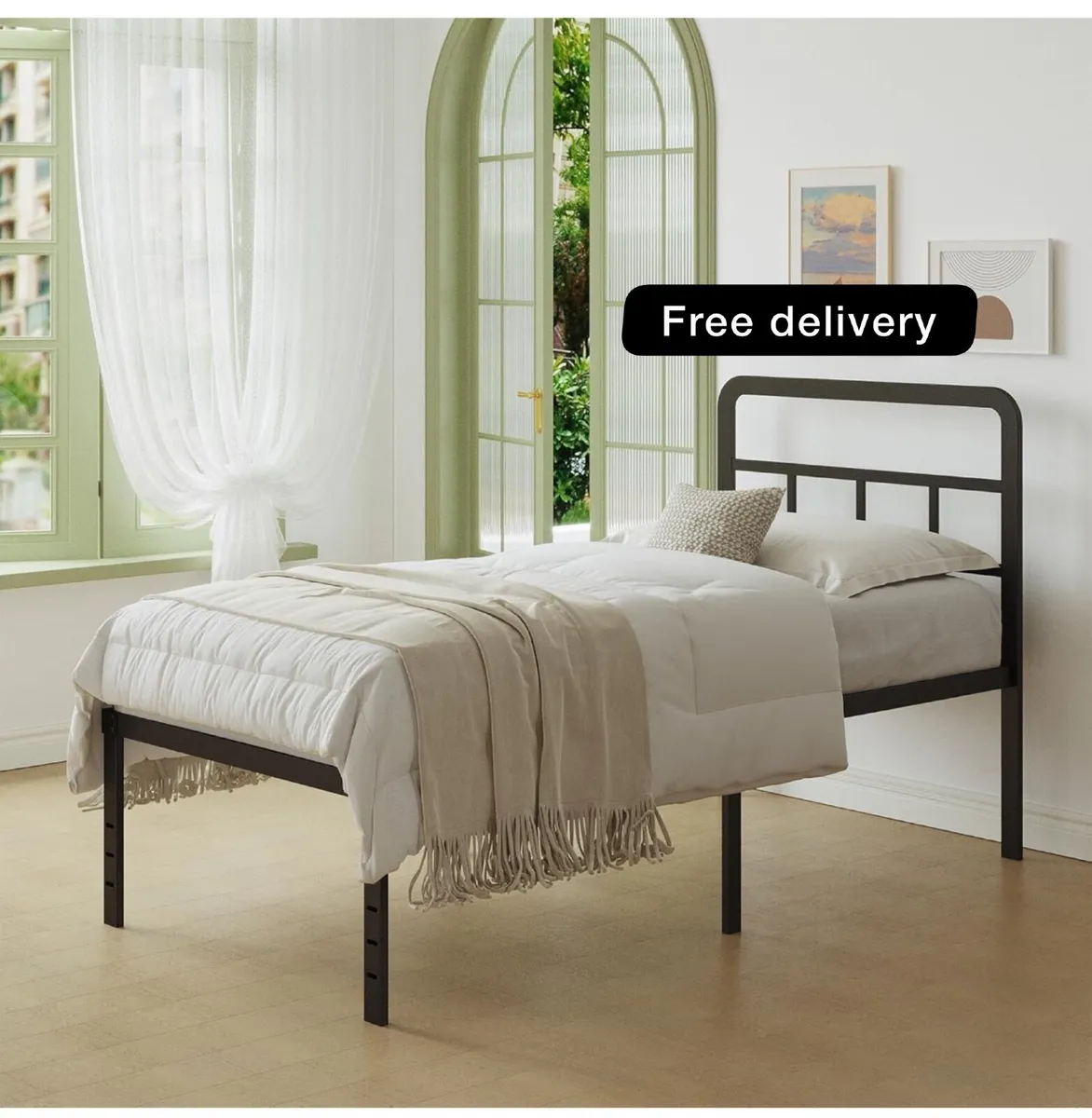 Black Single Bed Frame 3ft with Curved Headboard, - Image 1
