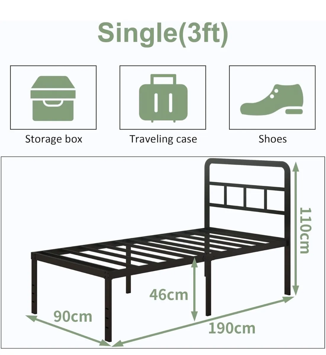 Black Single Bed Frame 3ft with Curved Headboard, - Image 2