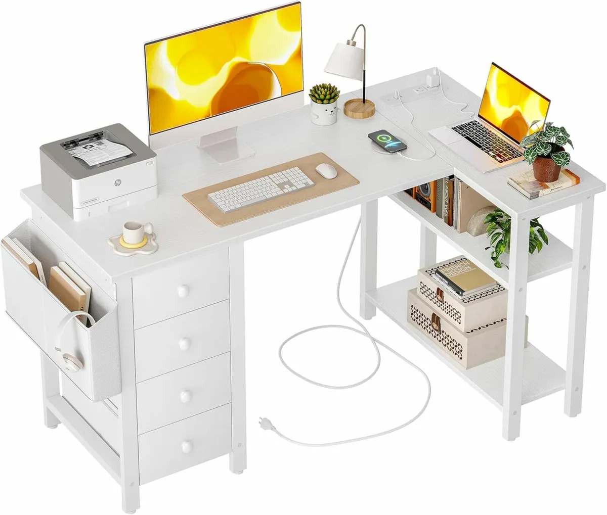 L Shaped Desk Drawers Comuputer white 120cm - Image 1
