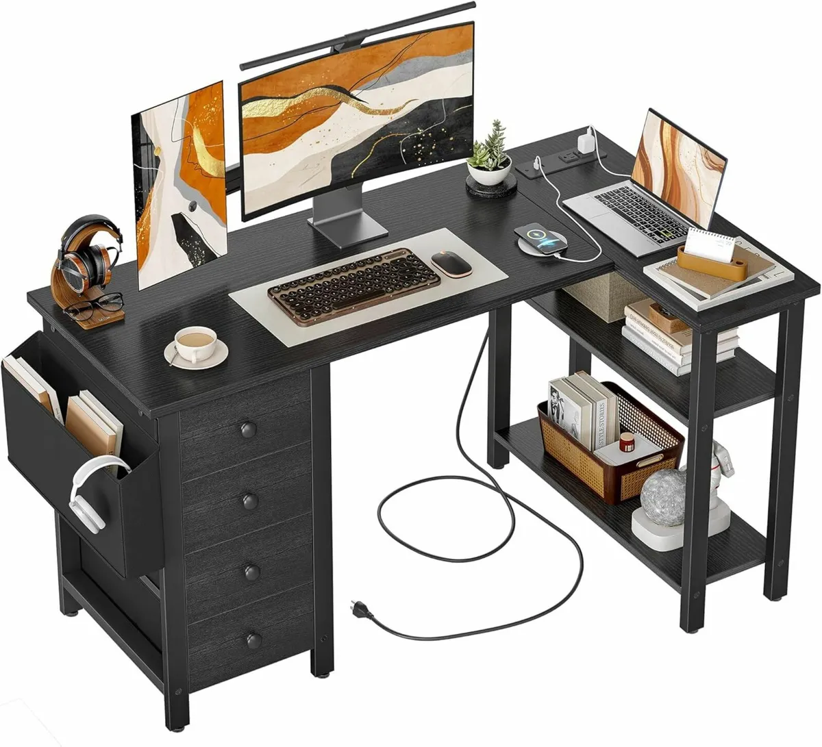 L Shaped Office Desk 4 Drawers 120cm Black - Image 1