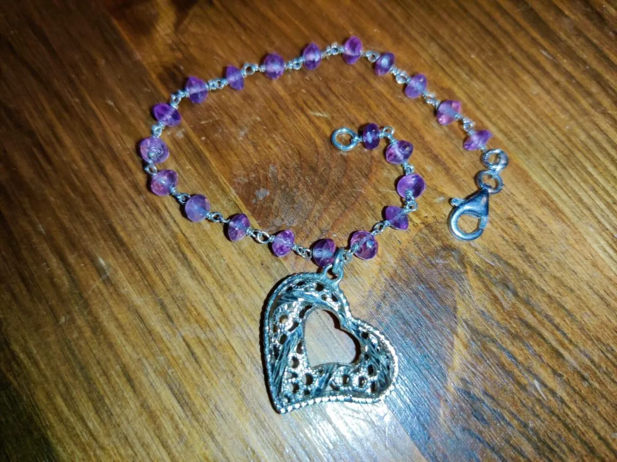AMETHYST SILVER HEART, 925 Silver New 8"Bracelet ! - Image 1