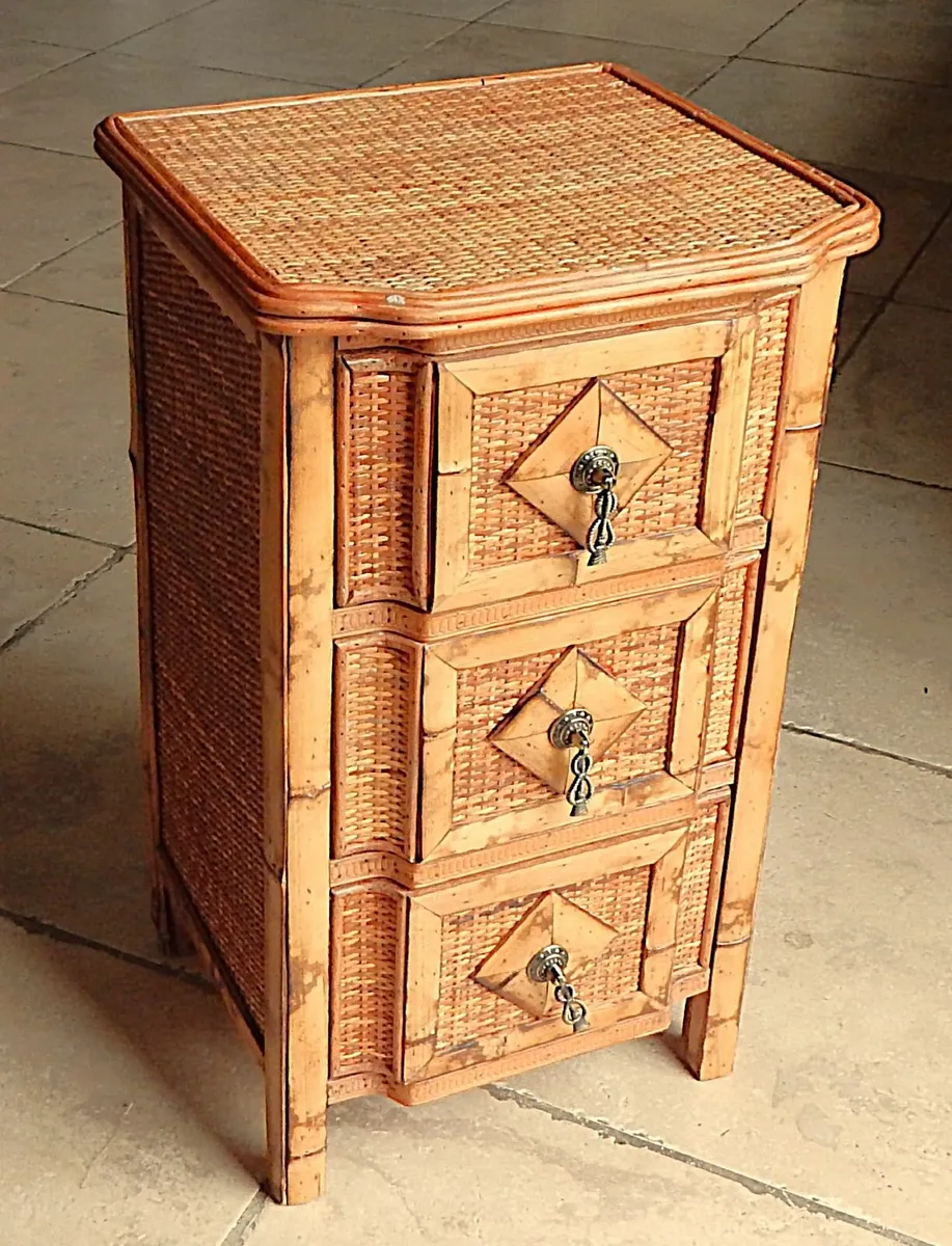 Woven Rattan & Bamboo 3 Drawer Side Table - Image 1