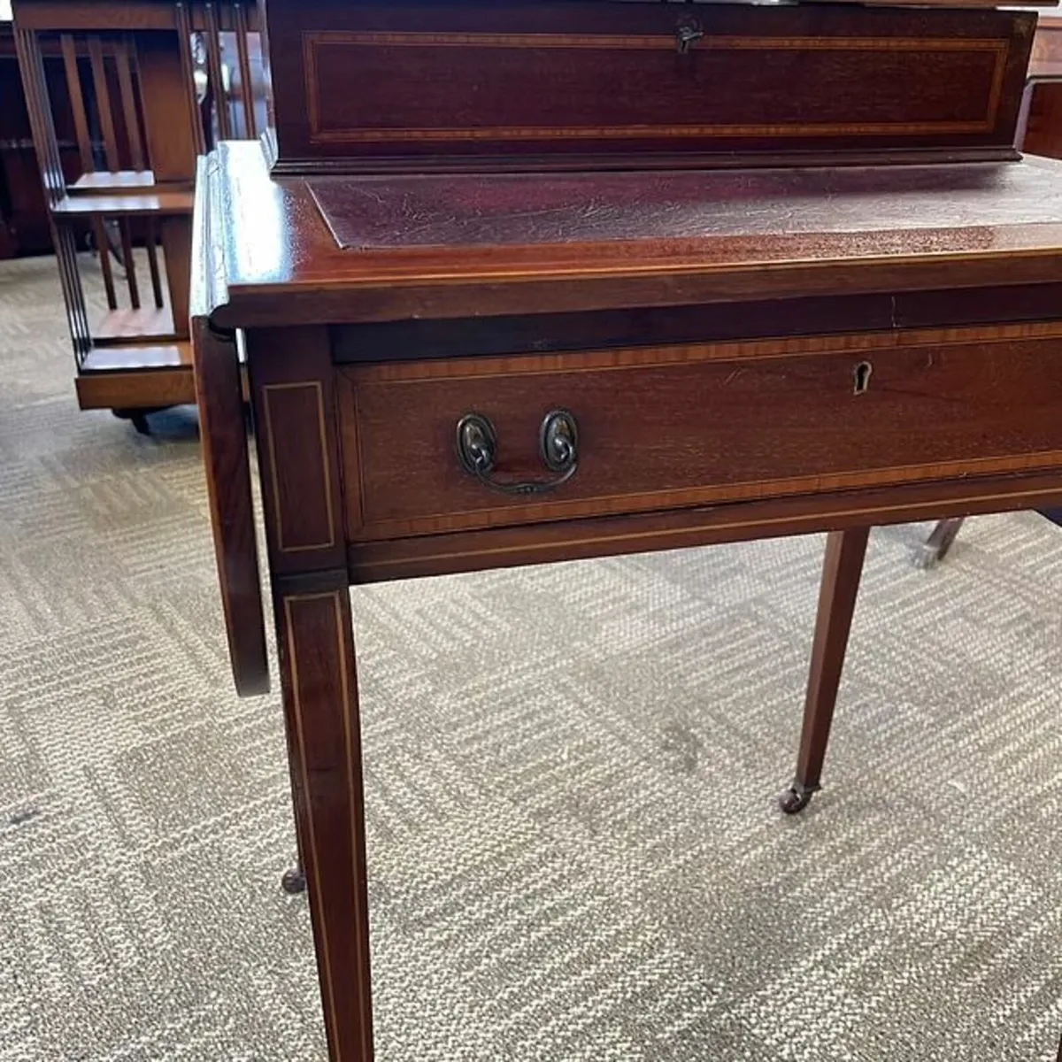 Edwardian inlaid mahogany dropleaf writing table w - Image 3
