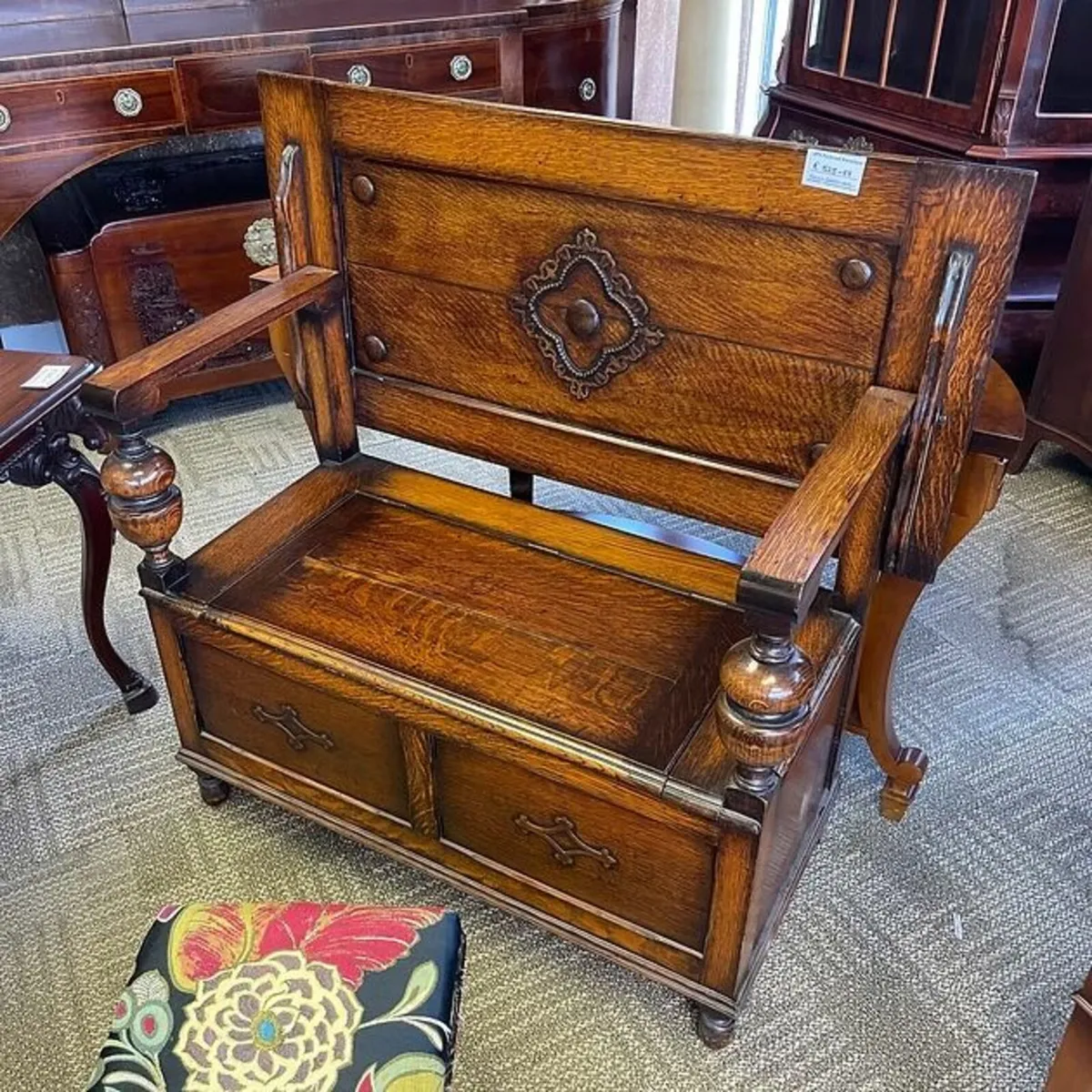 Beautiful oak antique monks bench. Storage beneath - Image 1