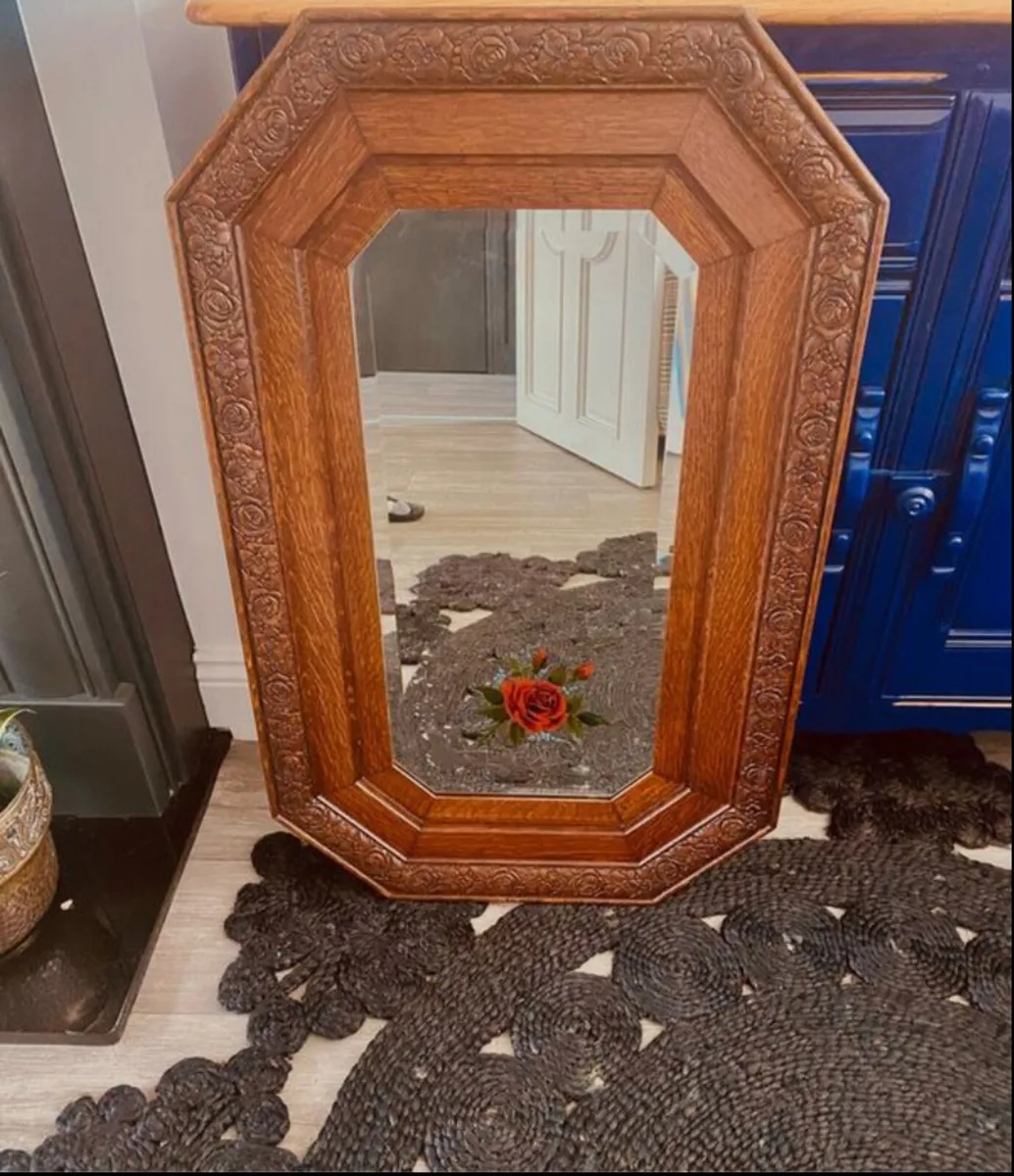 Vintage Oak Framed Bevelled Mirror Rose Motif - Image 1