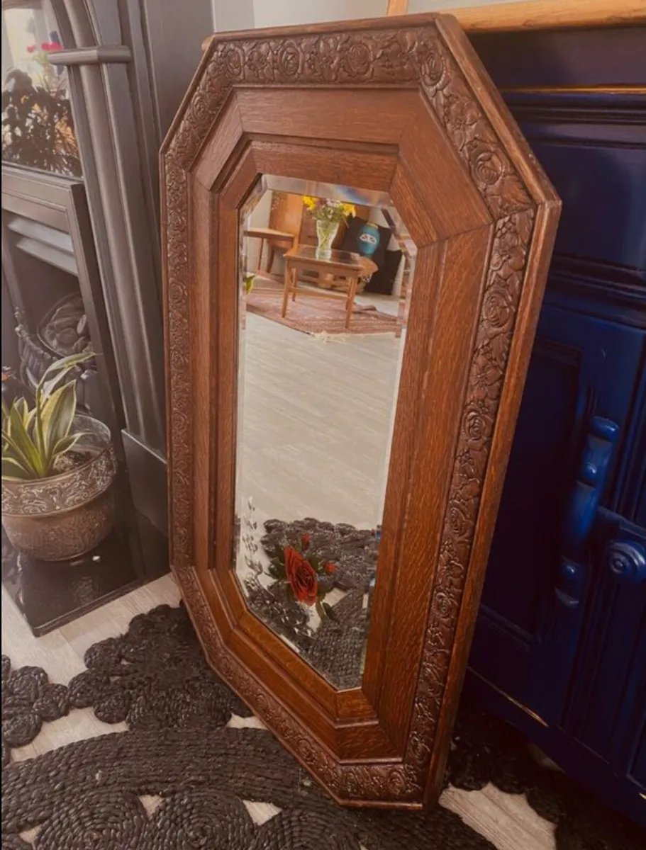 Vintage Oak Framed Bevelled Mirror Rose Motif - Image 2